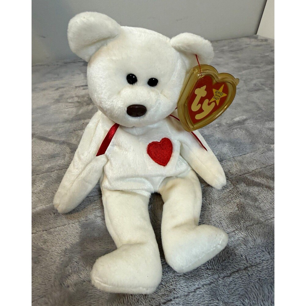 Ty Beanie Baby Valentino White Bear Plush Stuffed Animal with Red Heart